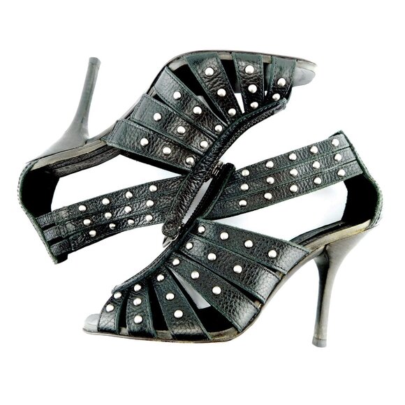 BCBG Maxazria Black Studded Leather Zipper Front Caged Open Toe Sandal Heels 6.5 - Picture 4 of 8
